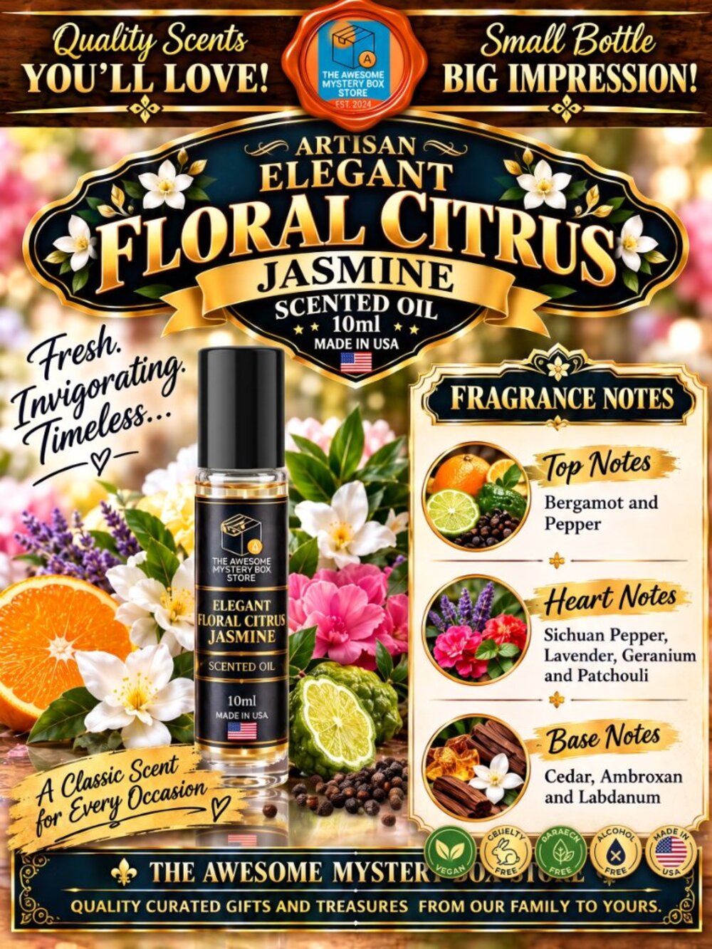 Elegant Floral Citrus Jasmine Scented Oil 10ml Glass Roll-On | Made in USA